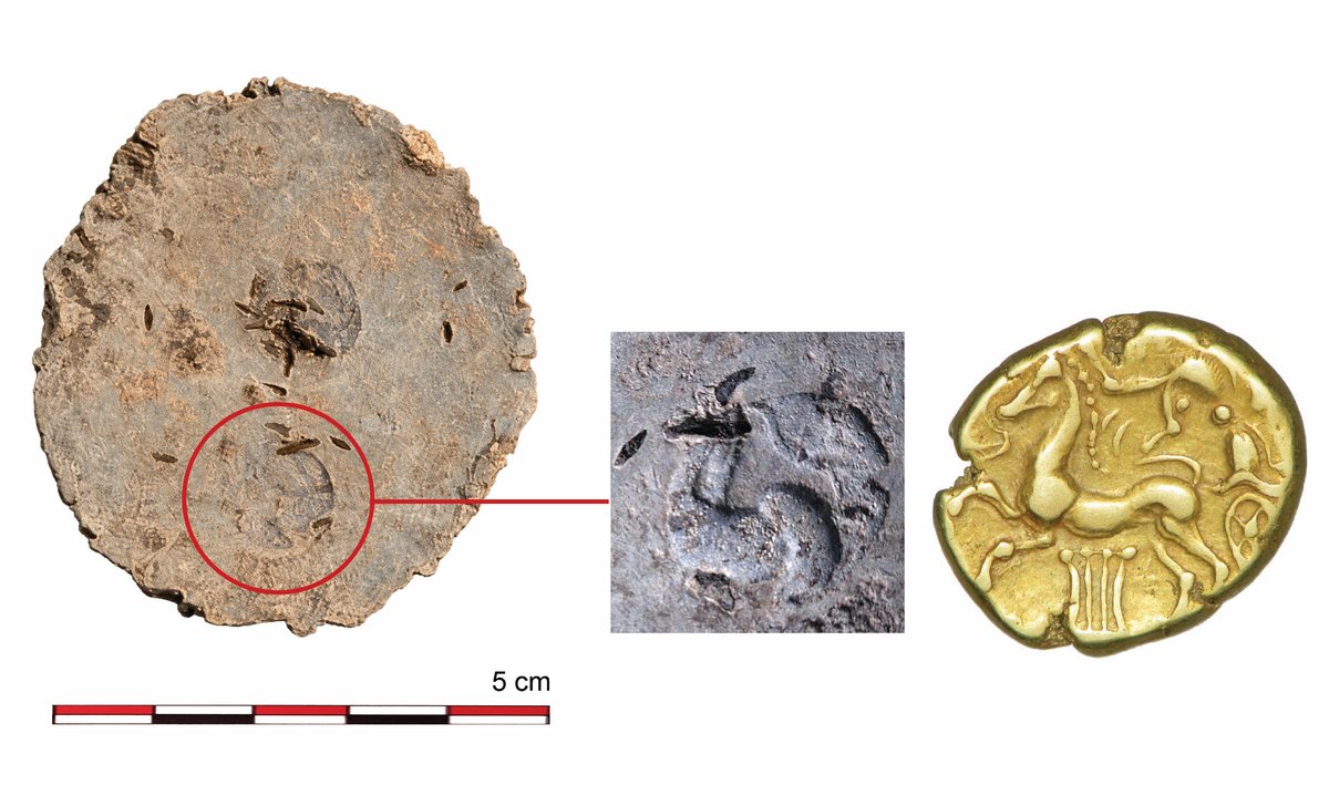 Lead disk from Corent with two coin-punch impressions, a close-up of one impression and a gold Gallic coin for comparison