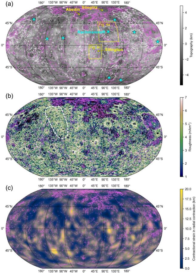 Three stacked global maps of Mercury showing topography, surface roughness and contractional strain, with purple lines marking tectonic wrinkles