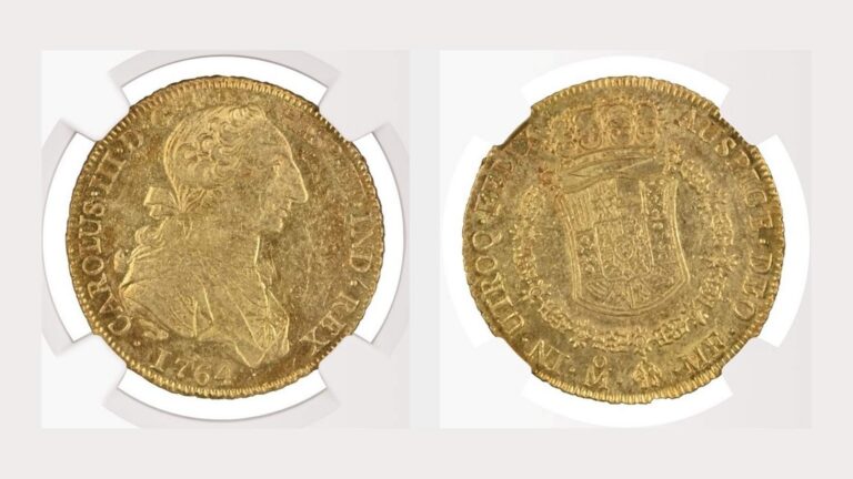 Obverse and reverse of the 1764 Mexico City gold 8 escudos from the Marblehead Hoard, showing King Charles III and the Spanish royal arms