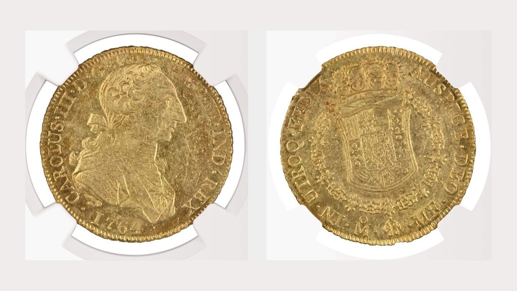 Obverse and reverse of the 1764 Mexico City gold 8 escudos from the Marblehead Hoard, showing King Charles III and the Spanish royal arms