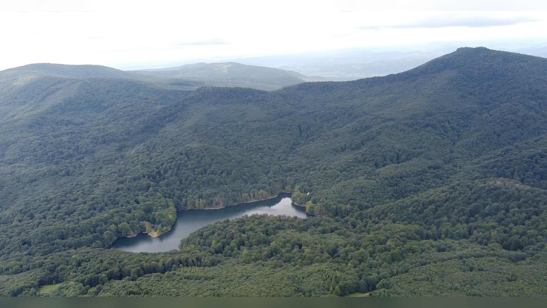 Aerial view of Morské Oko, a winding lake surrounded by dense forest in Slovakia's Vihorlat Mountains