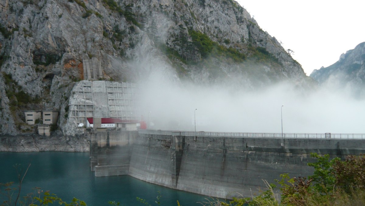 The Mratinje Dam that holds back Lake Piva in Montenegro