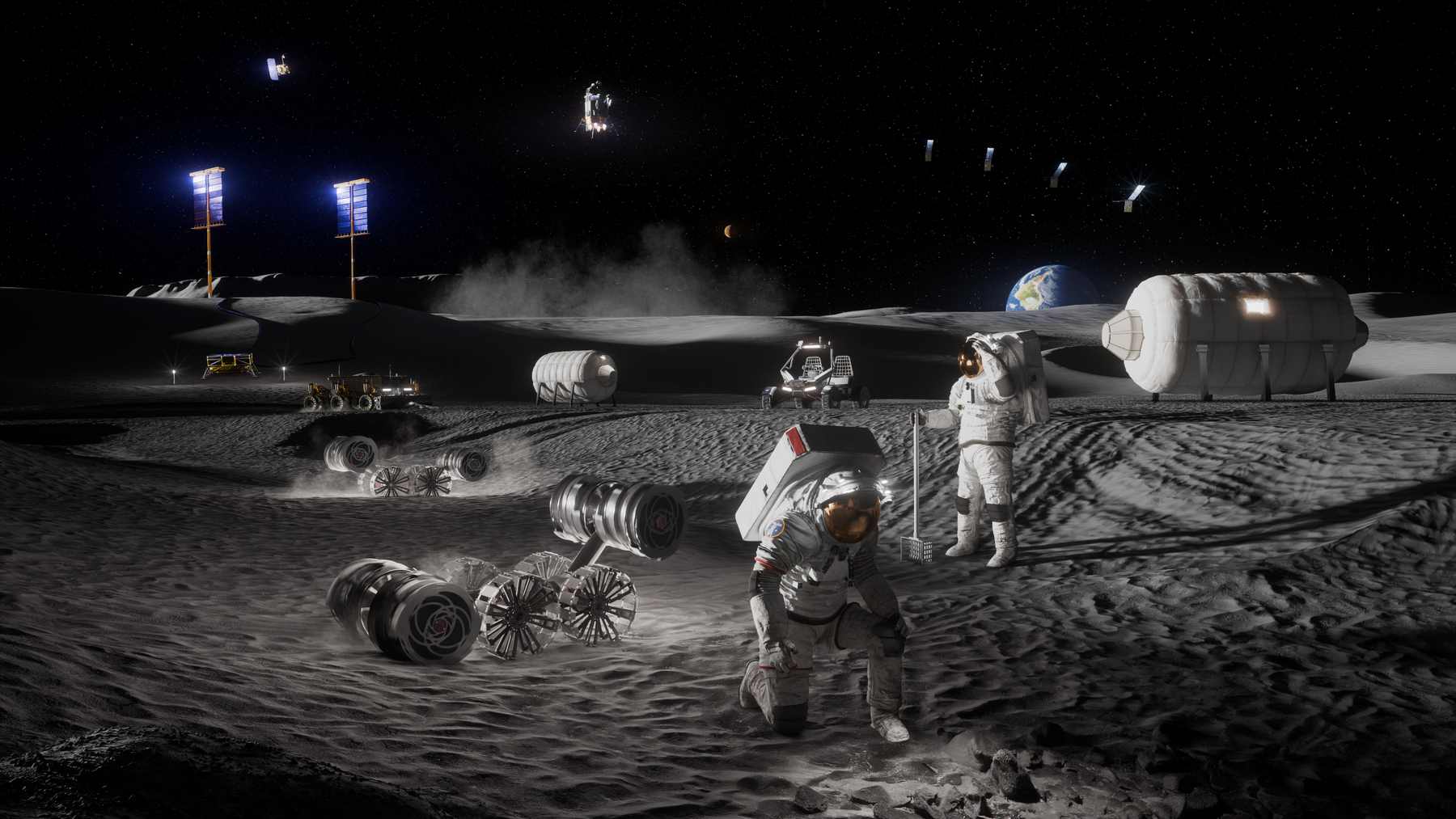 NASA concept illustration of a lunar base at the Moon's south pole