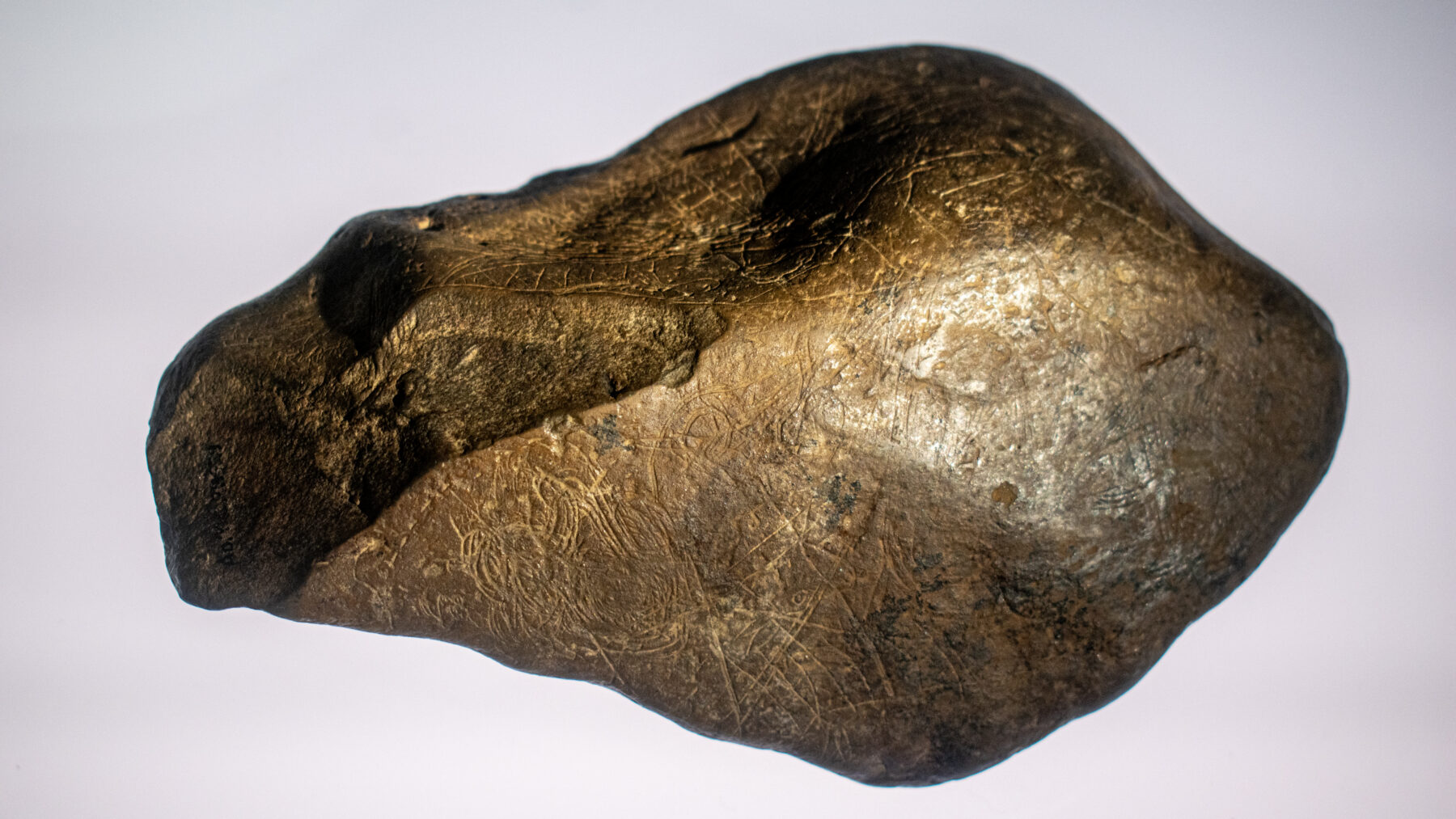 Top view of the Abauntz map, a brown stone covered in fine engraved lines, in a museum display