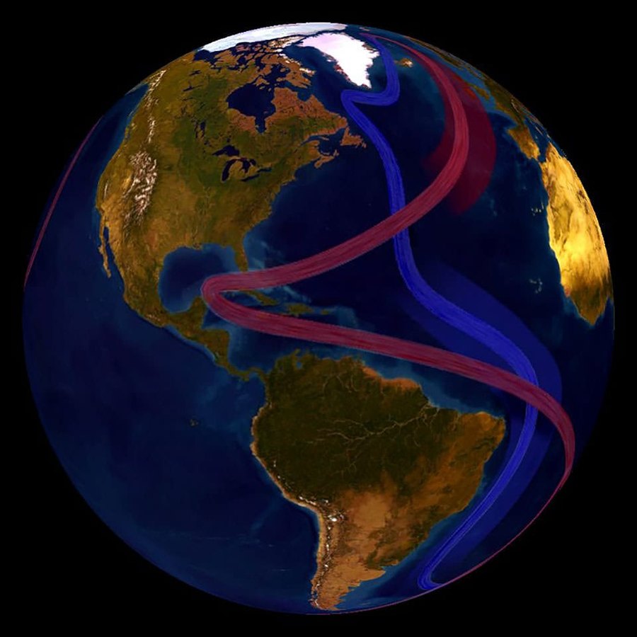 NOAA globe illustration of the AMOC with warm currents in red flowing north and cold deep currents in blue flowing south through the Atlantic