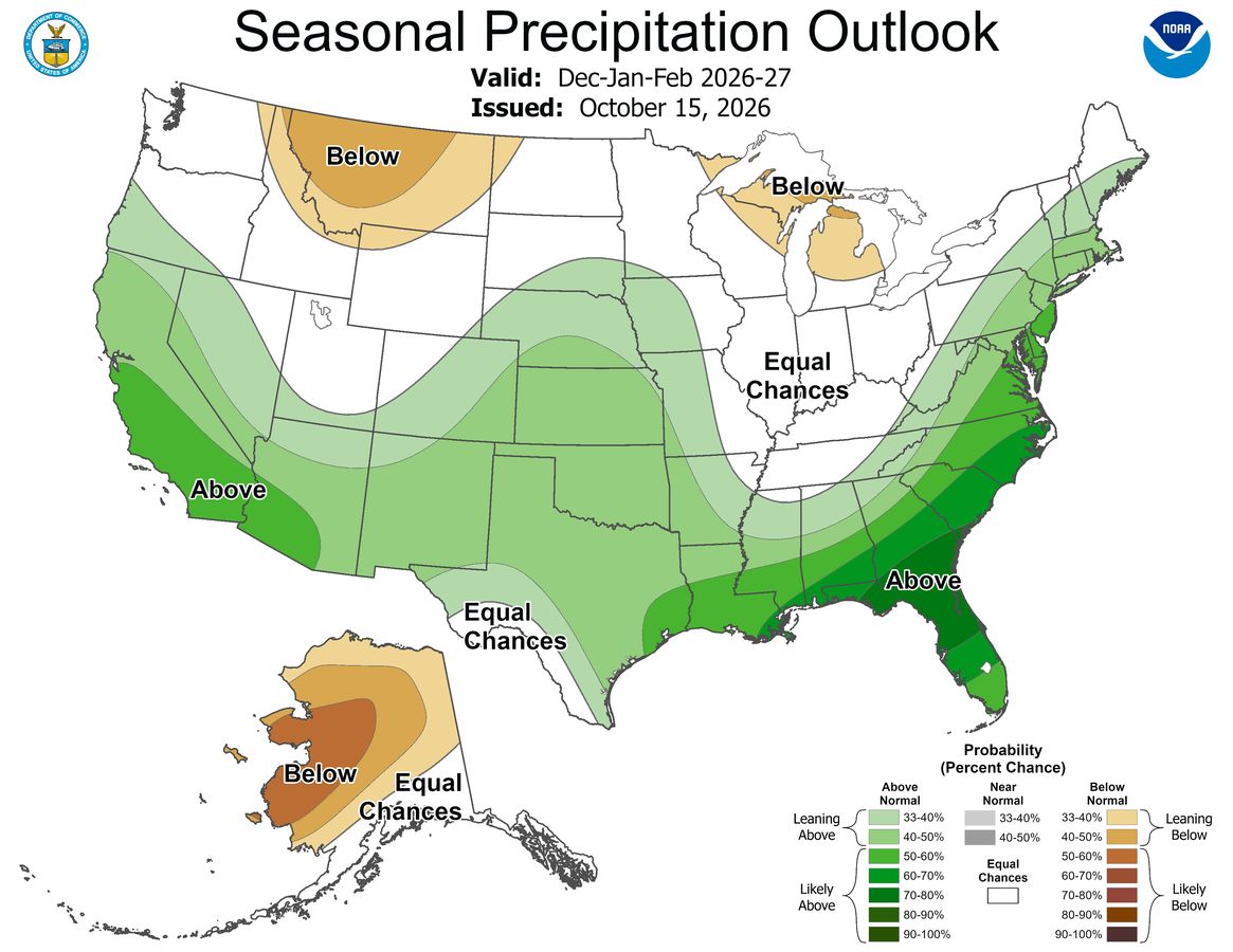 NOAA seasonal precipitation outlook for December 2026 to February 2027, with wetter than average odds from California to Florida and along the East Coast