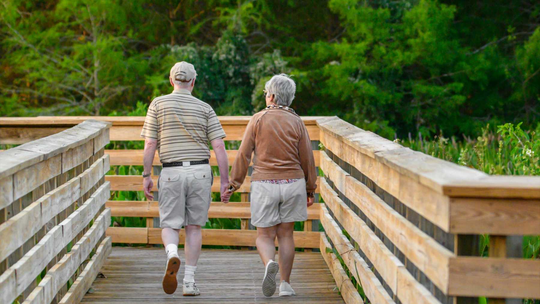 An older man and woman walk side by side along a wooden boardwalk surrounded by greenery