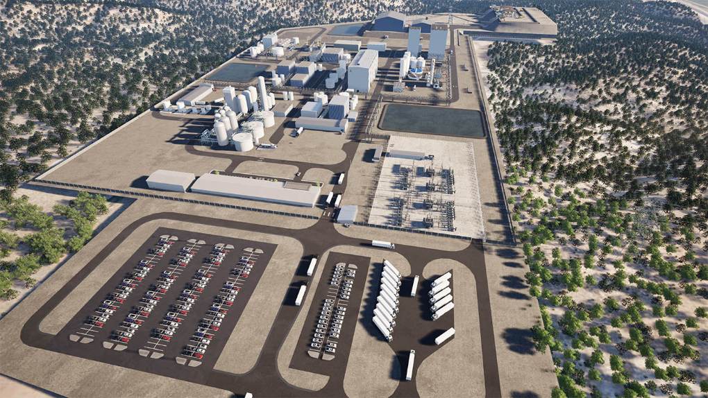 Aerial rendering of a planned industrial processing complex next to a mine site