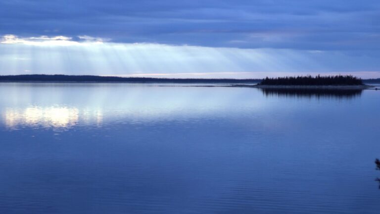 Robert-Bourassa (LG-2) reservoir in Quebec's La Grande complex, where flooding raised mercury in fish, with a forested island under a cloudy sky