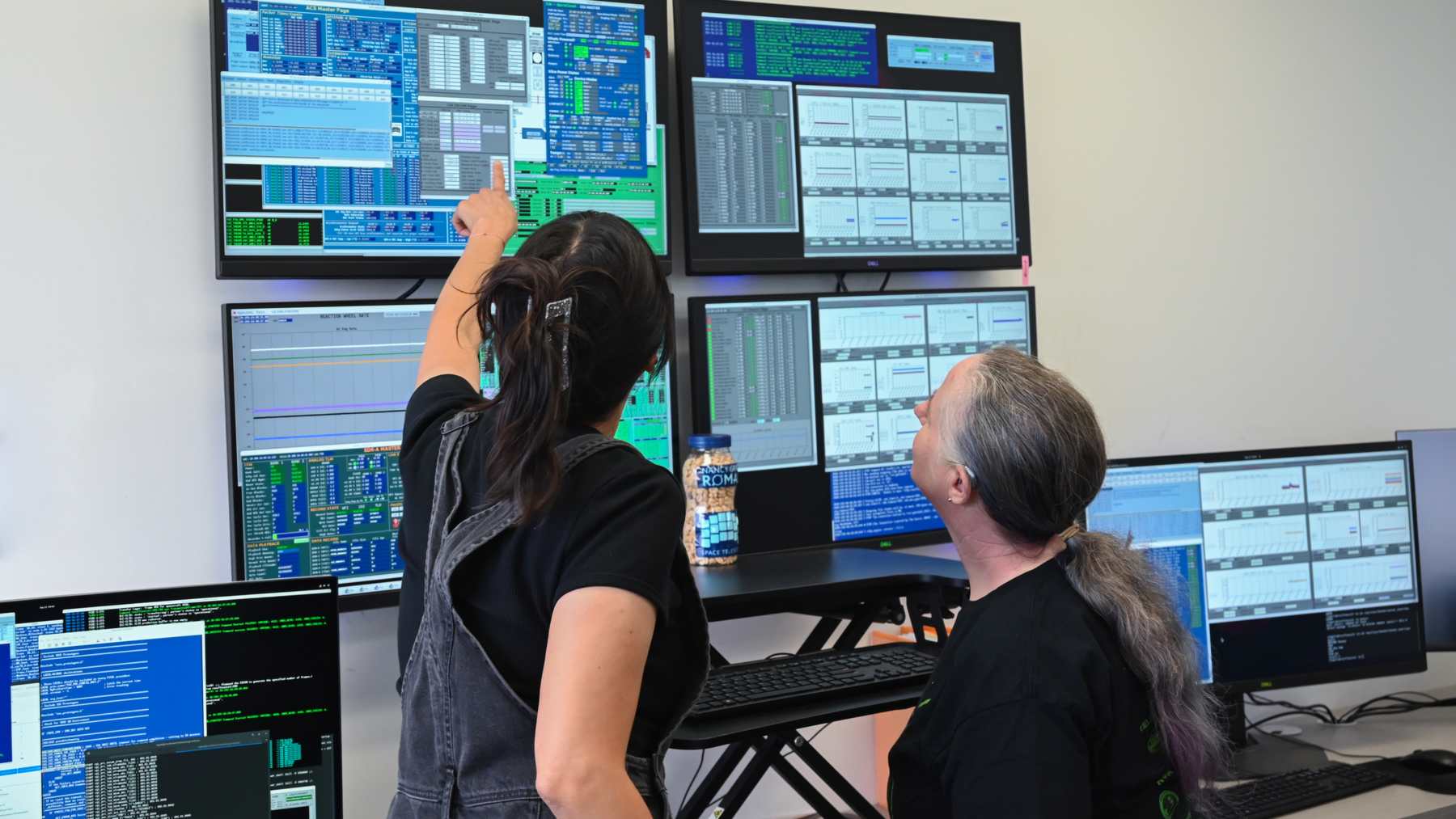 Two coronagraph operators look up at a wall of monitors showing telemetry in a control room