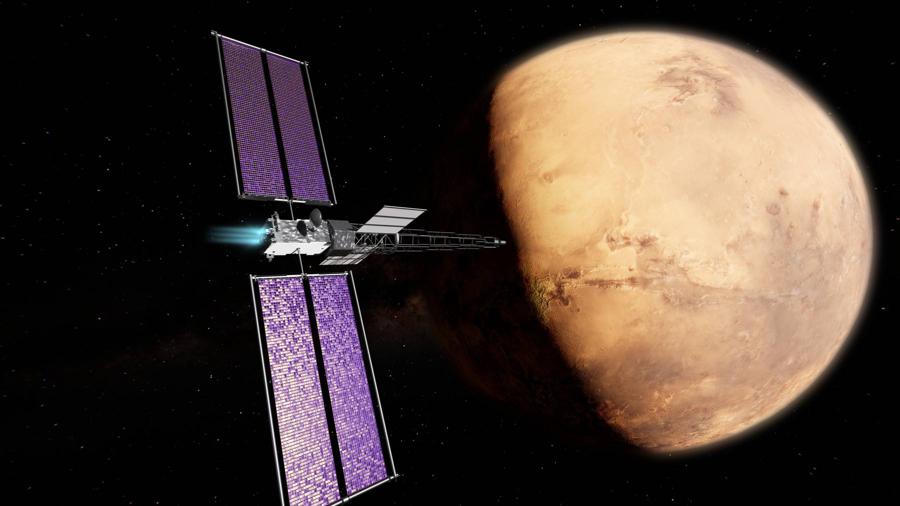 Artist's concept of NASA's SR-1 Freedom nuclear-powered spacecraft cruising past Mars with its reactor at the end of a long truss