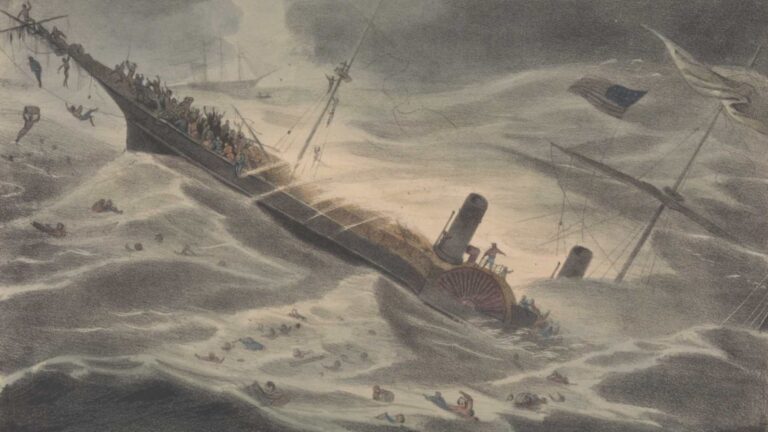 1857 hand-coloured lithograph of the SS Central America sinking in a hurricane off Cape Hatteras, with passengers crowding the tilted bow and survivors in the waves