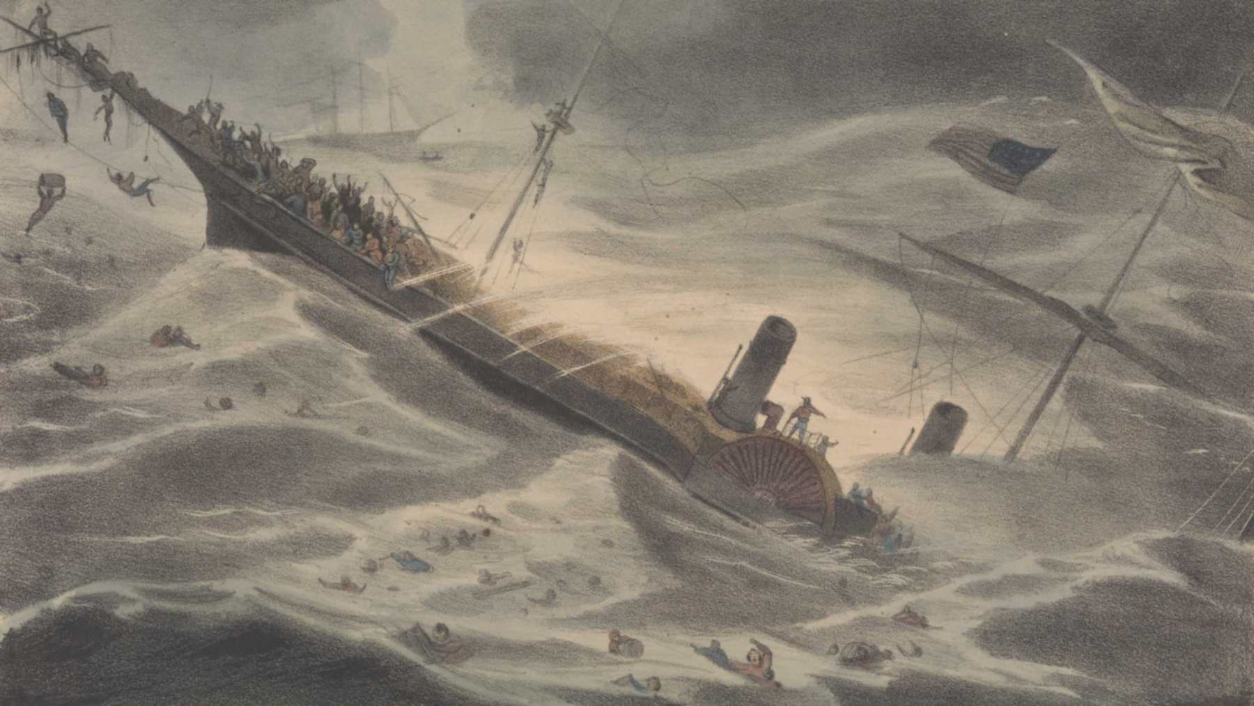 1857 hand-coloured lithograph of the SS Central America sinking in a hurricane off Cape Hatteras, with passengers crowding the tilted bow and survivors in the waves