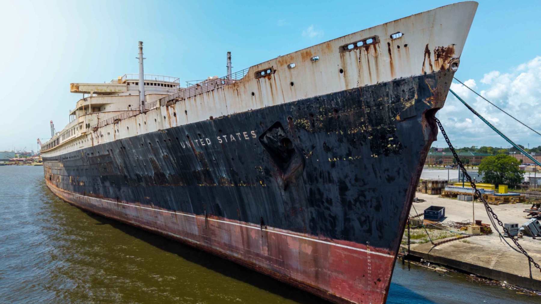 The SS United States docked in Mobile, Alabama, after remediation, before Okaloosa County sinks the liner as an artificial reef