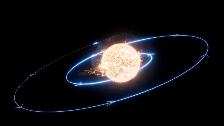 Artist's impression of a star engulfing a rocky world, with a blue line tracing the planet's spiral into the star