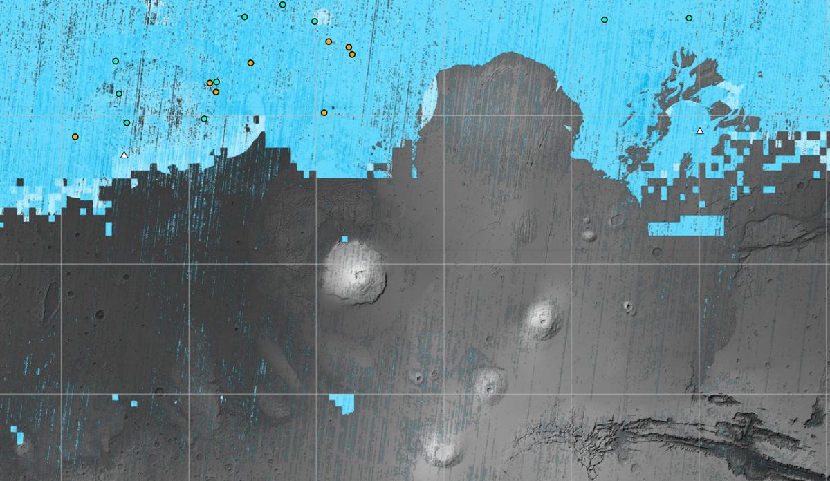 Map of part of Mars with colored areas marking likely buried water ice