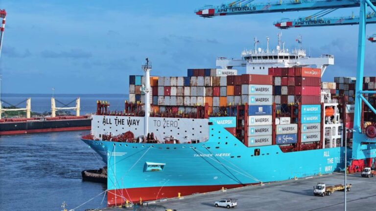 Container ship Tangier Maersk docked at the Port of Mobile in Alabama