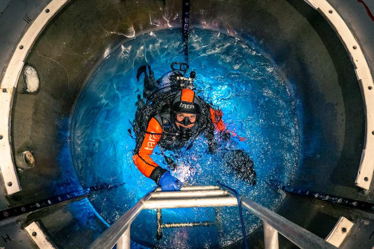 A diver in a drysuit climbs a ladder inside the moon pool of Tara Polar Station, a round opening that leads to the ocean below