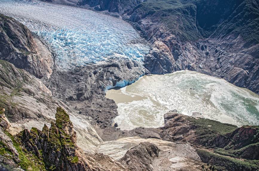 Aerial view of the Tracy Arm landslide area, South Sawyer Glacier and the ice-choked fjord on August 13, 2025