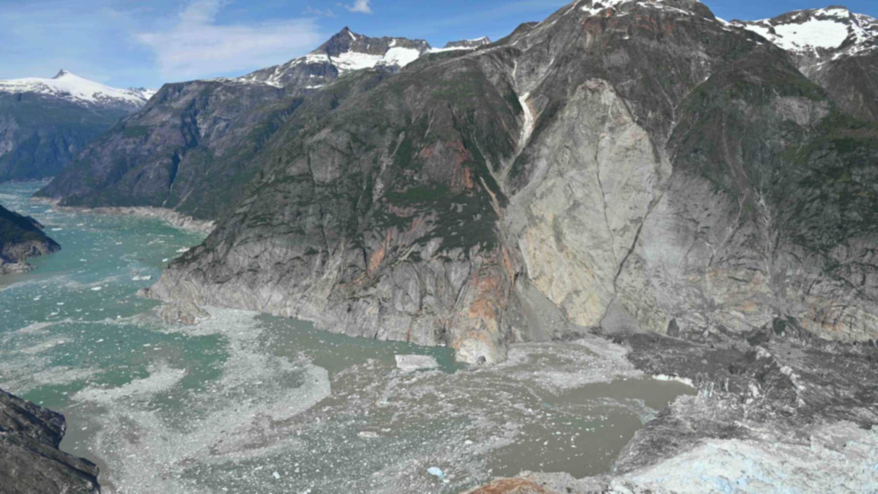Landslide scar above Tracy Arm fjord and South Sawyer Glacier, Alaska, seen from a U.S. Geological Survey flight on August 13, 2025