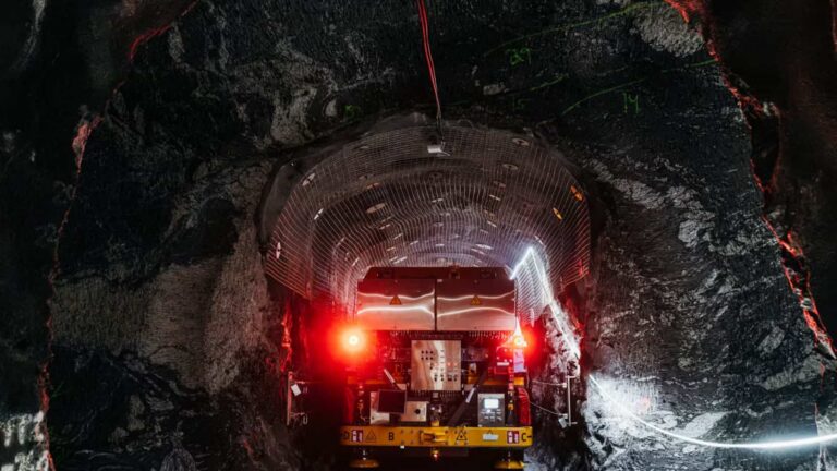 Machinery inside a rock tunnel at the Onkalo nuclear waste repository in Finland.