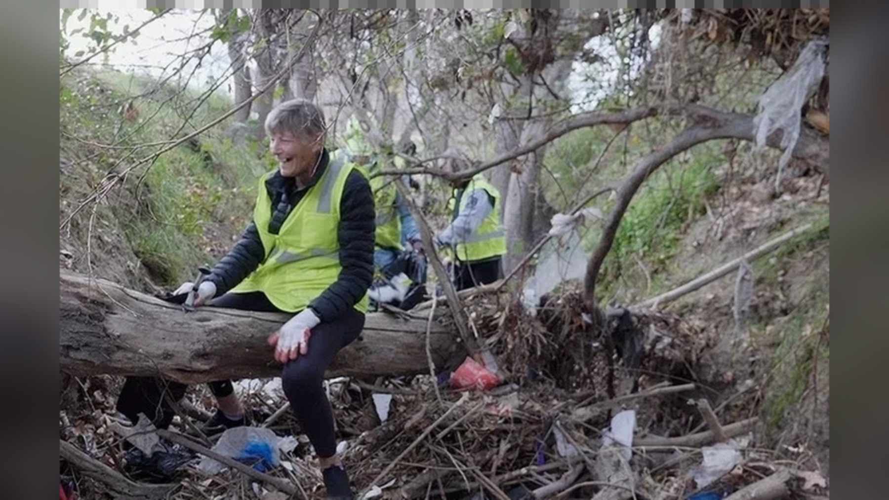 Volunteers in yellow safety vests clearing trash from a wooded creek bank