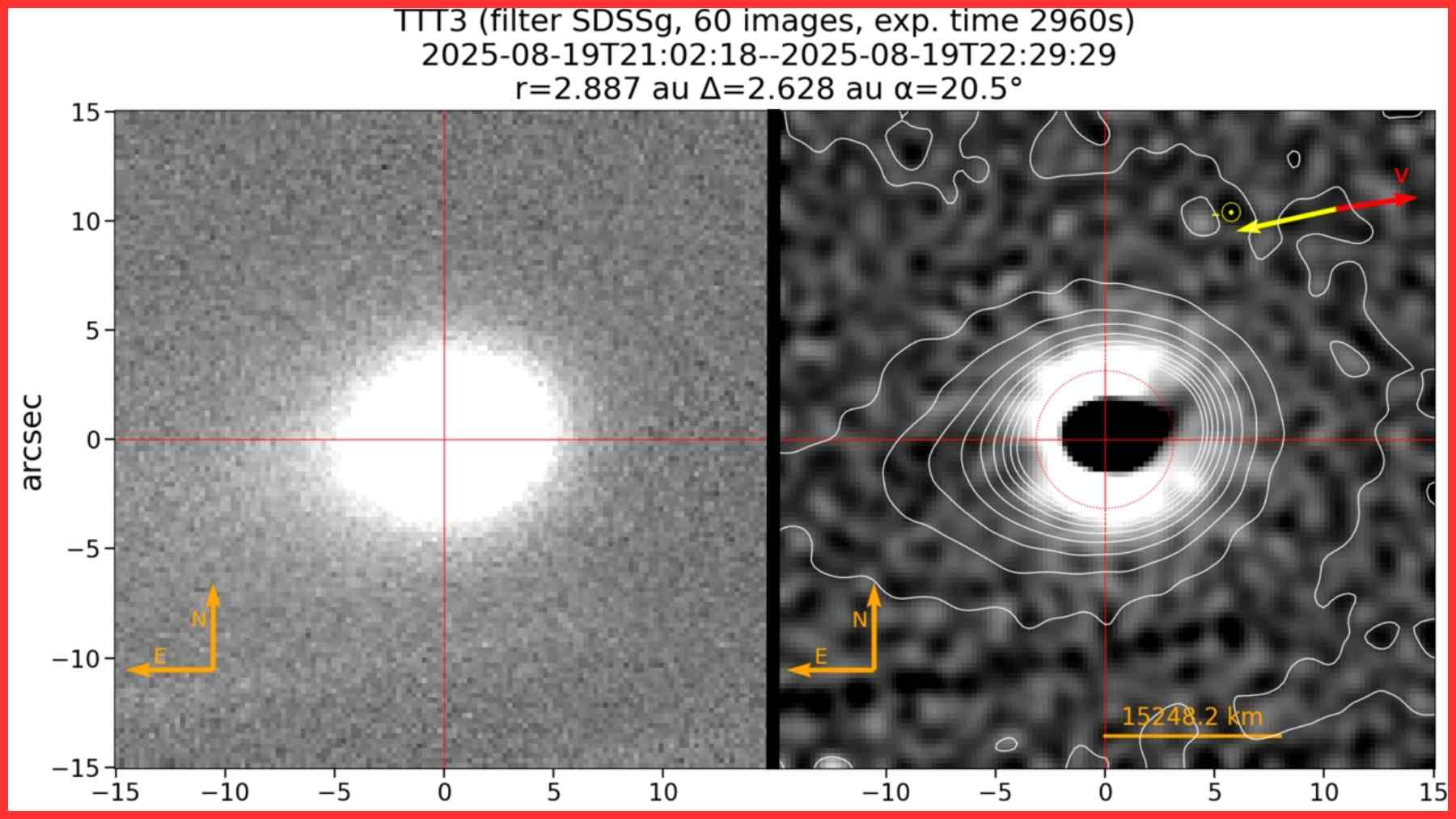 Imagen del cometa interestelar 3I ATLAS con procesado que resalta un chorro de material en la coma observado desde Tenerife