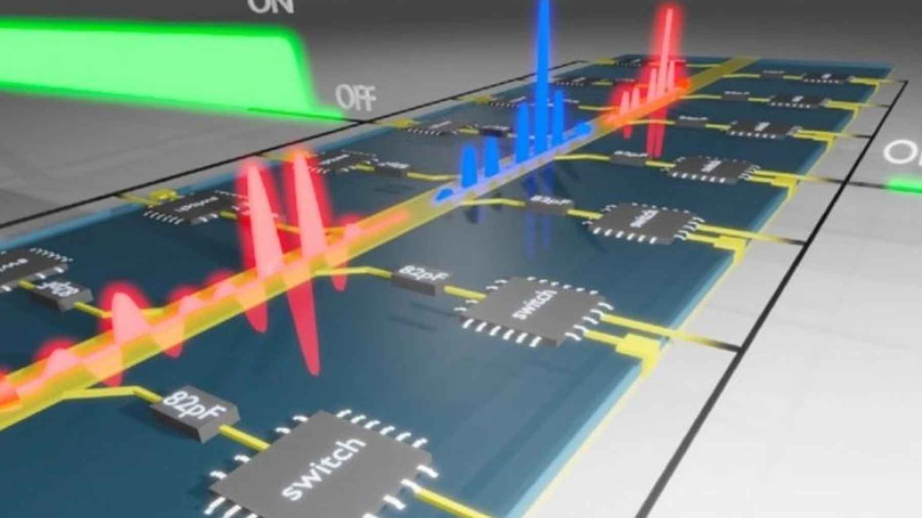 Metamaterial con interruptores que crea un “espejo de tiempo” y revierte una onda electromagnética.