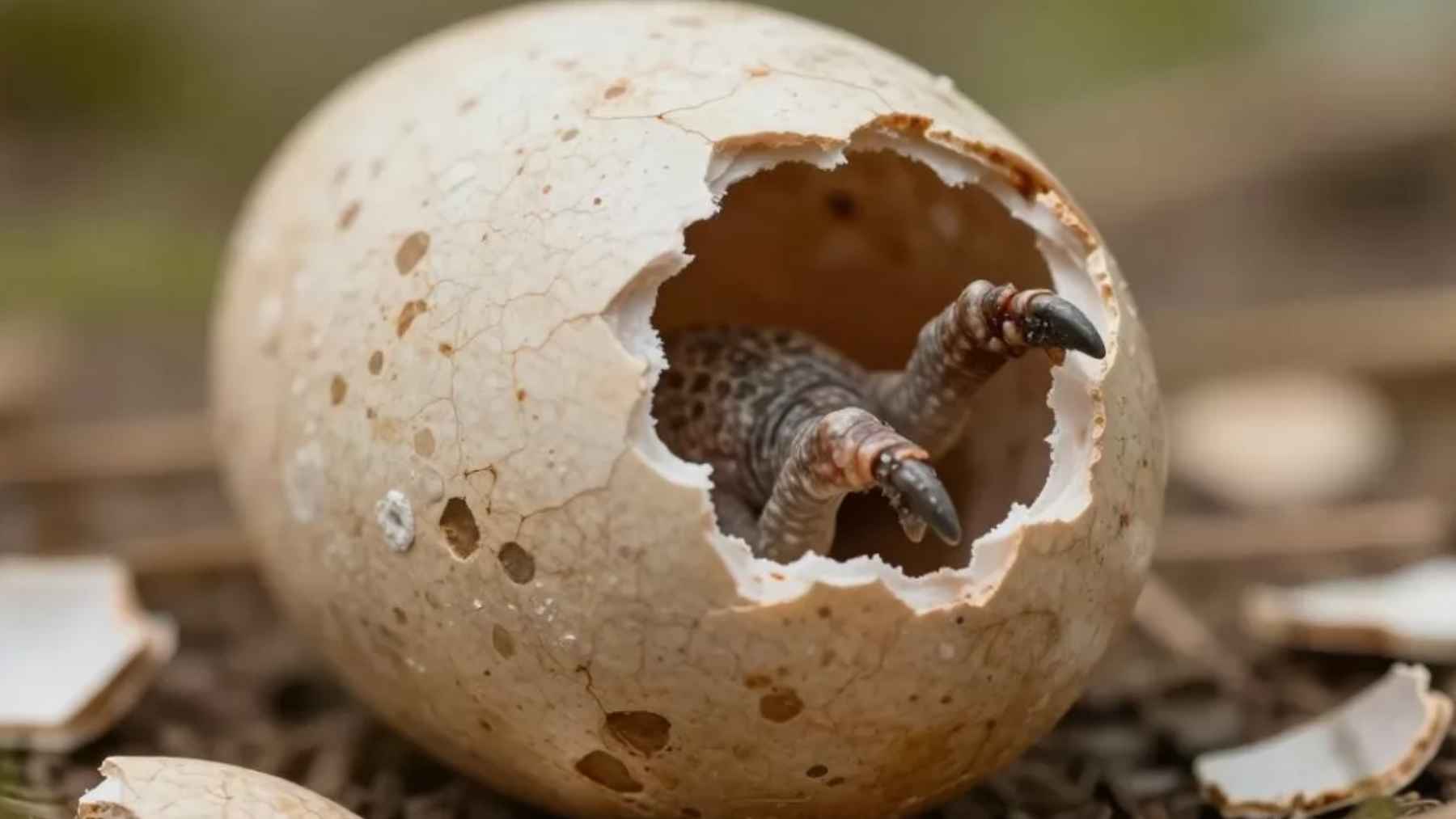 Huevo de dinosaurio agrietado con las patas de una cría asomando (imagen ilustrativa)