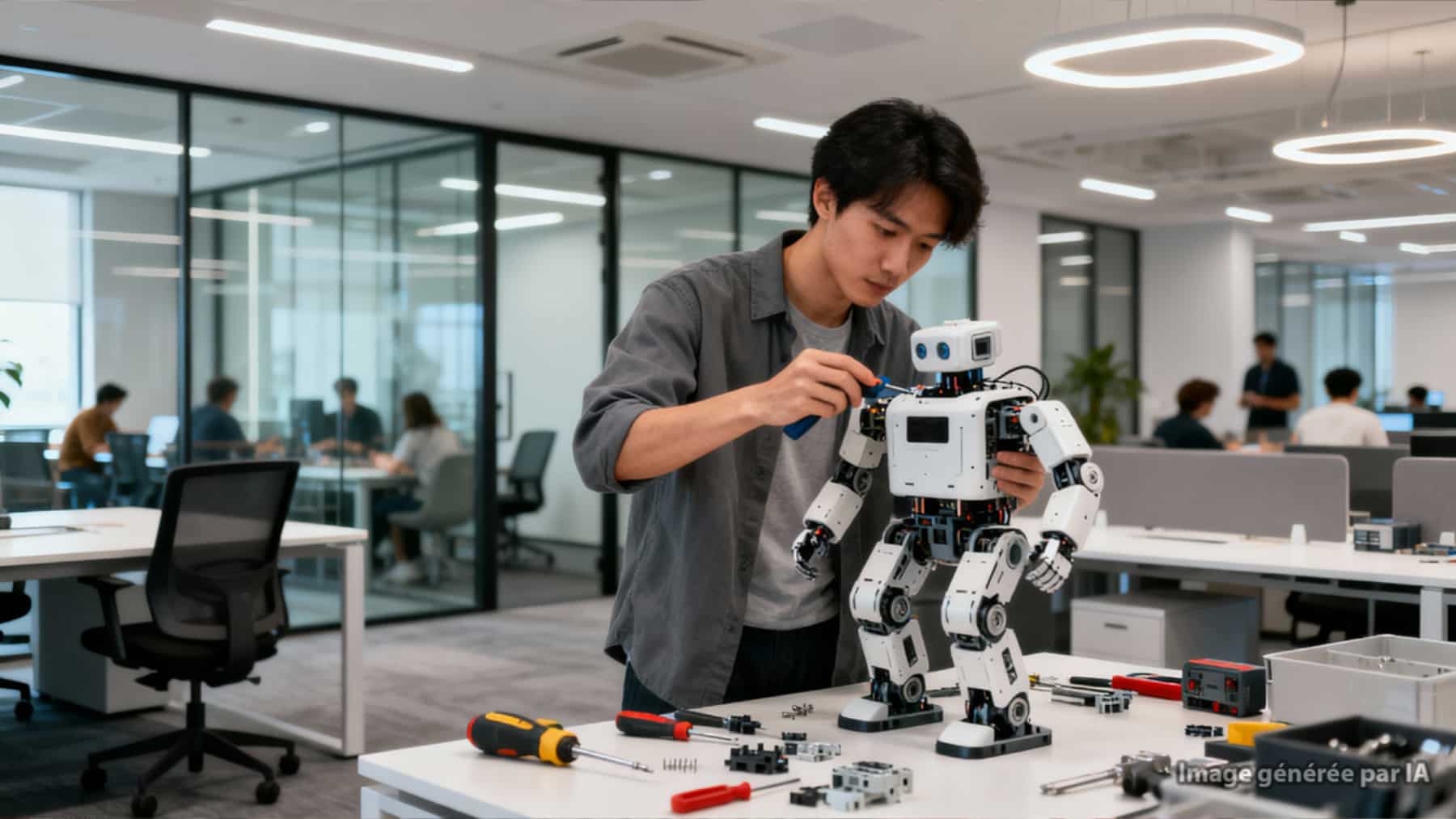 Ingeniero trabajando en el montaje y ajuste de un robot humanoide en una oficina tecnológica