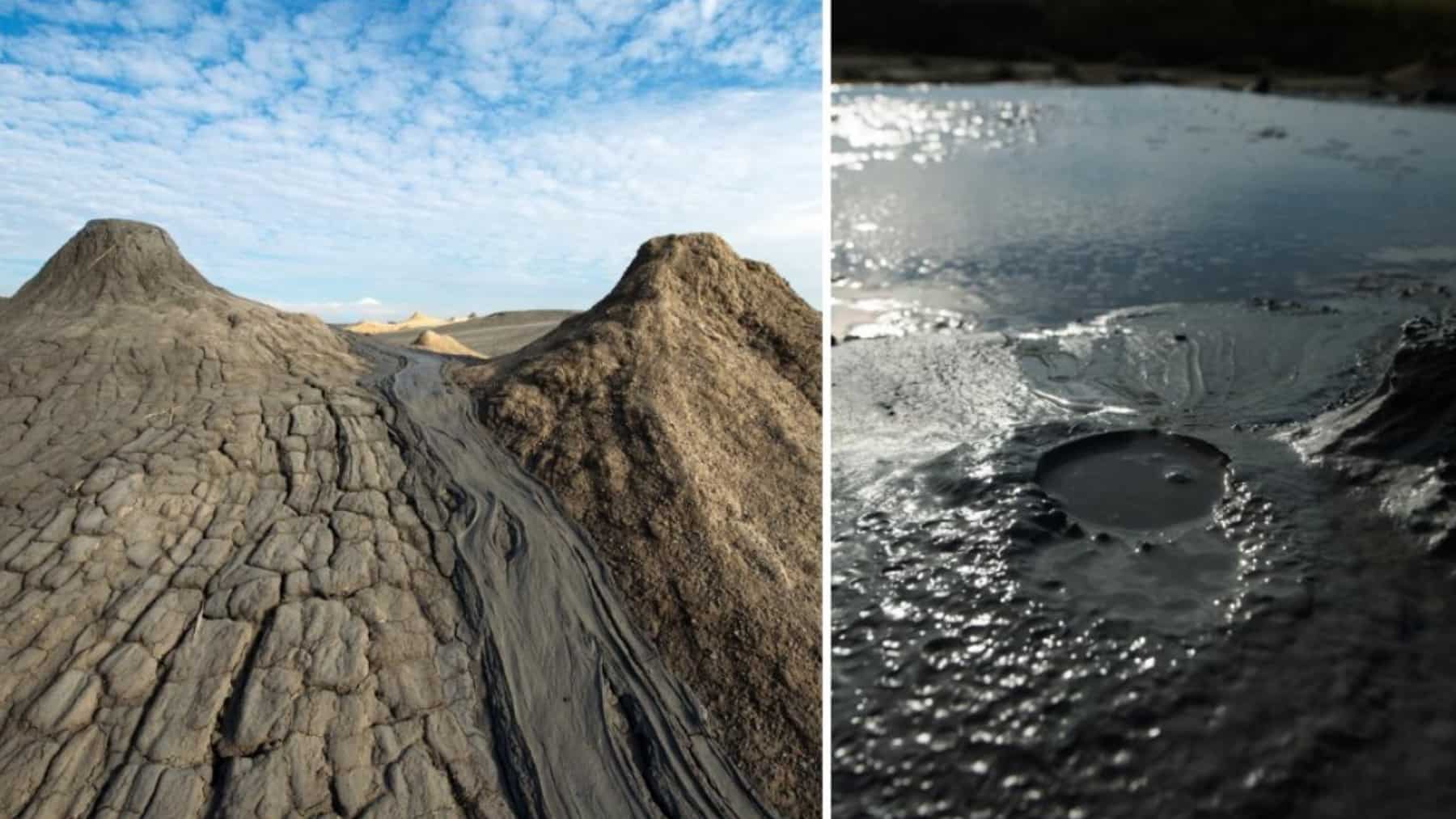 Volcanes de lodo y charcos de lodo burbujeante en un fenómeno geológico natural