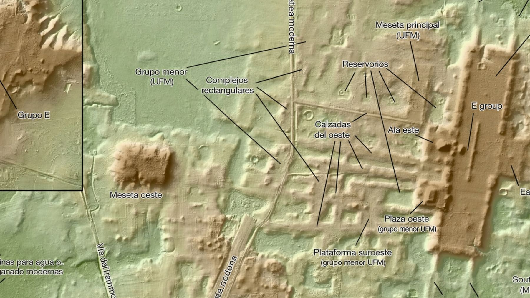 Mapa LiDAR de Aguada Fénix en Tabasco mostrando la plataforma maya diseñada como cosmograma.