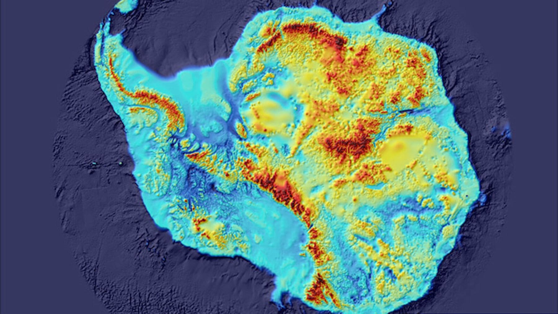 Mapa del relieve subglacial de la Antártida con cañones, montañas y llanuras ocultas bajo el hielo.