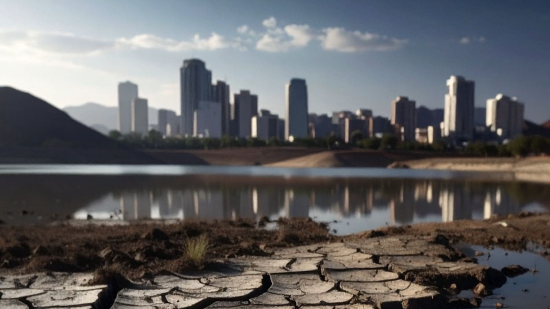Embalse casi seco frente a una ciudad, símbolo del Día Cero del agua y la sequía extrema provocada por el cambio climático.
