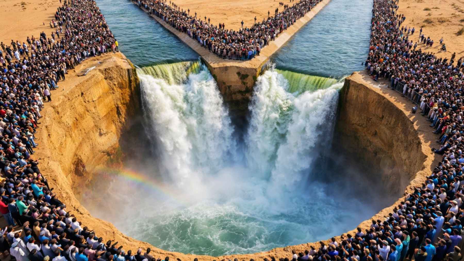 Canales de agua desembocan en una gran cascada y sumidero rodeado de gente, imagen sobre desalinización y reutilización en California
