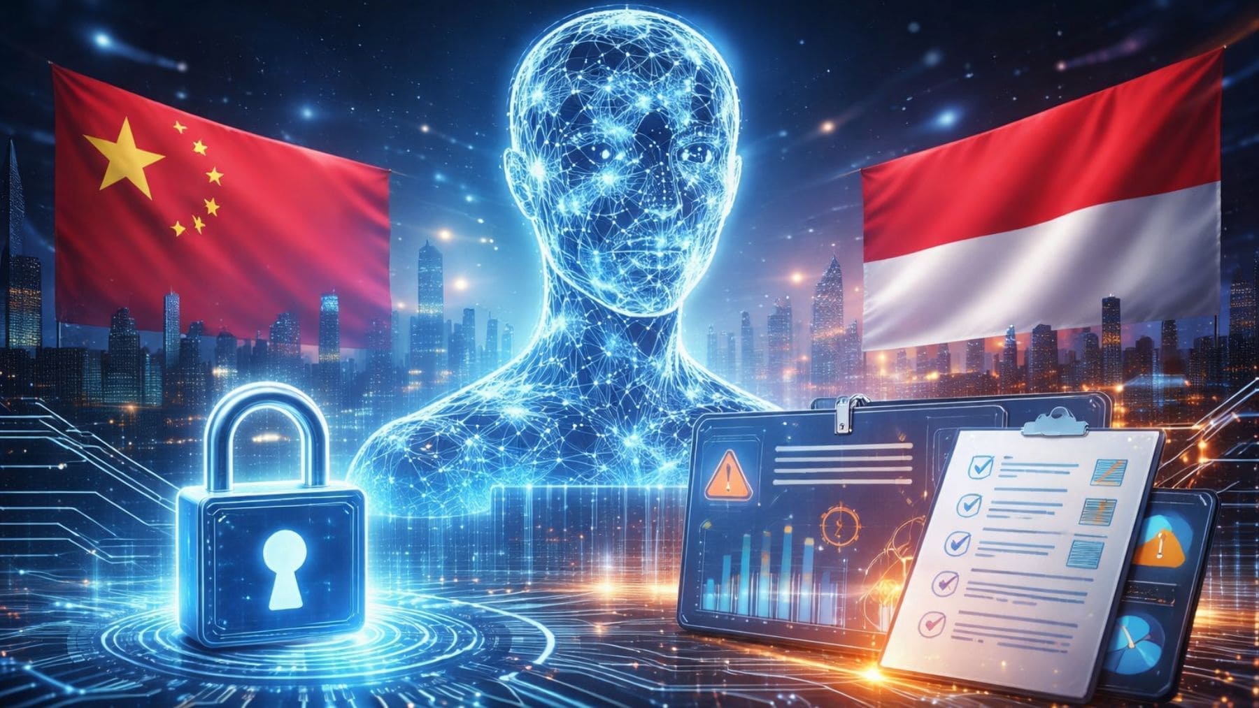 Ilustración de una inteligencia artificial antropomórfica bajo regulación en China e Indonesia.