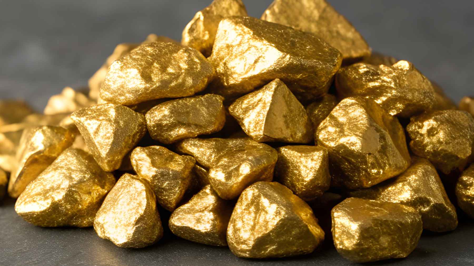 Pepitas de oro apiladas, imagen del anuncio del yacimiento “supergigante” en China y su impacto ambiental.