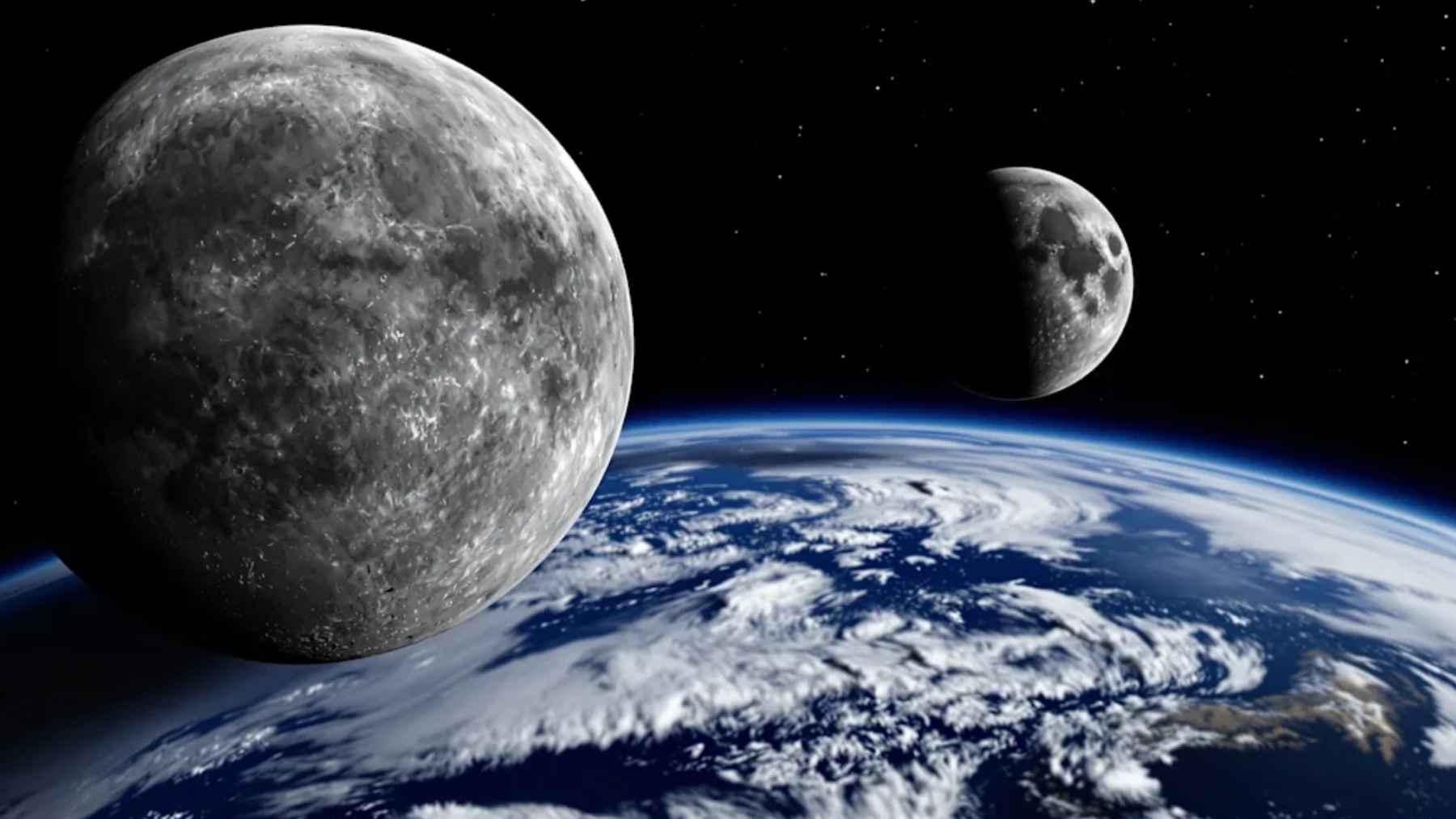 Tierra con dos lunas en el espacio, una grande en primer plano y otra al fondo (cuasiluna).