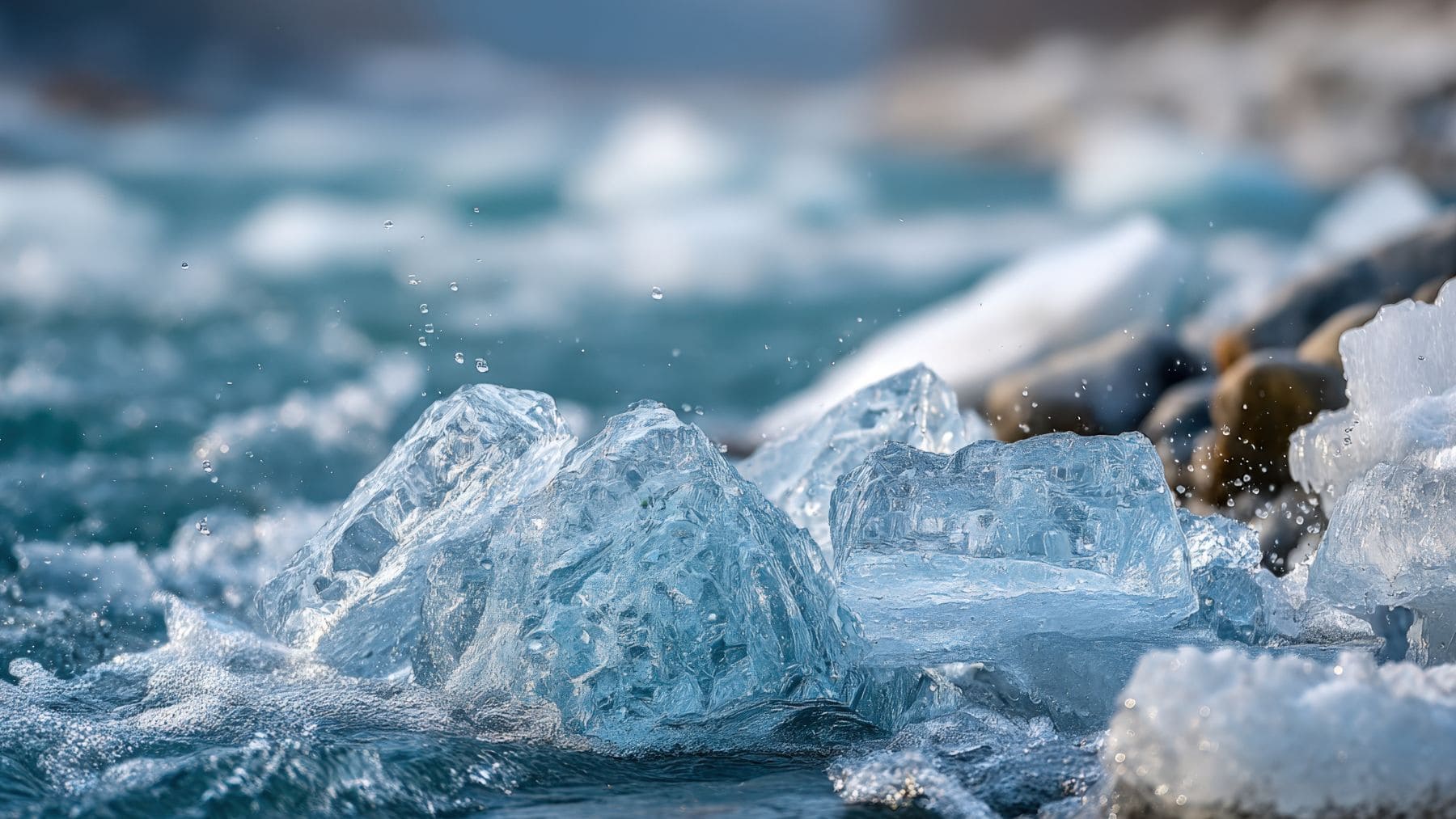 Fragmentos de hielo glaciar derritiéndose en agua azul como símbolo del aumento de 1,5 grados en la temperatura global.