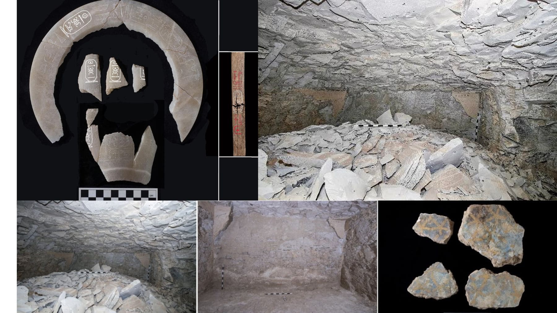 Fragmentos de alabastro con cartuchos reales y cámara funeraria de la tumba de Tutmosis II en Luxor.