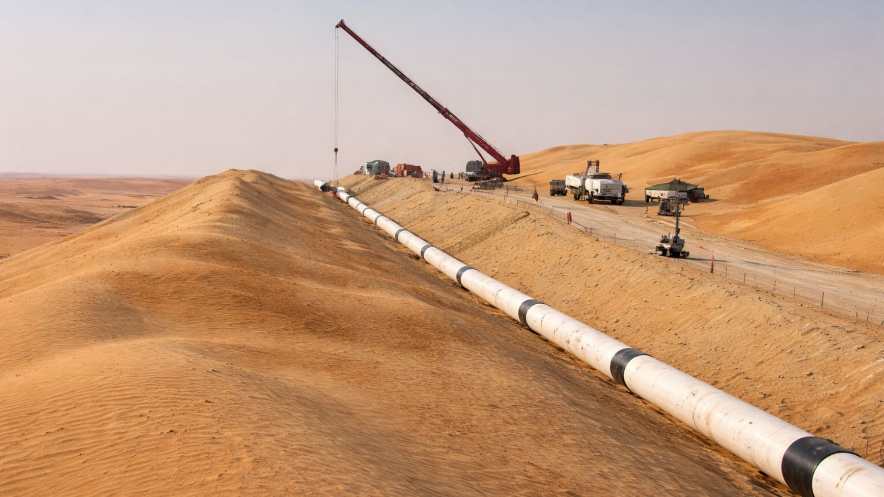 Tubería de agua desalinizada atravesando el desierto de Liwa como parte de la reserva estratégica subterránea de Emiratos Árabes Unidos.