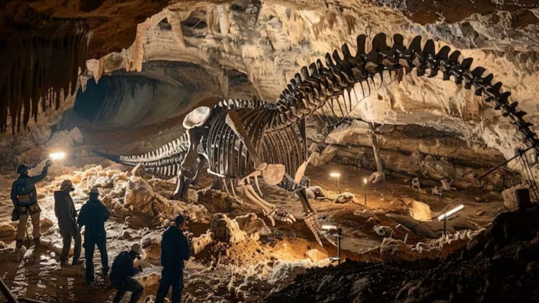 Científicos inspeccionan un esqueleto completo de dinosaurio terópodo en una cueva iluminada, representando el hallazgo en Australia.