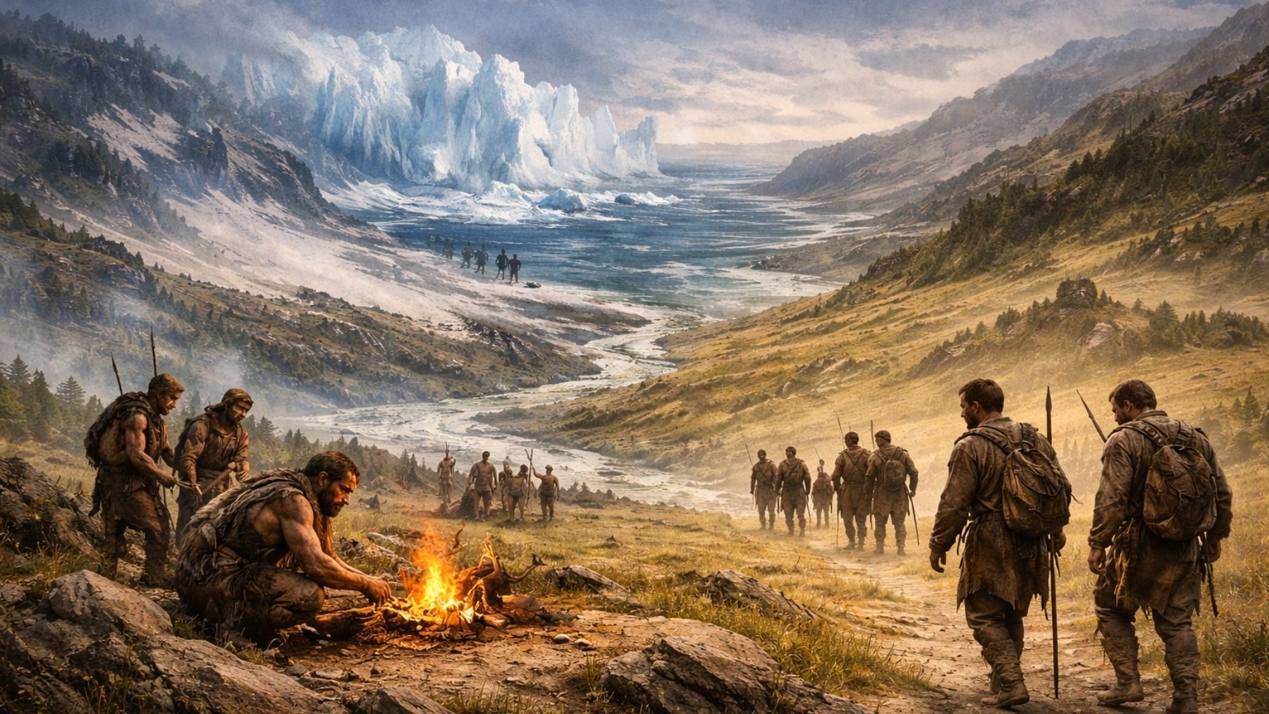Reconstrucción de humanos modernos y neandertales en un paisaje gélido durante los eventos Heinrich en la Península Ibérica.