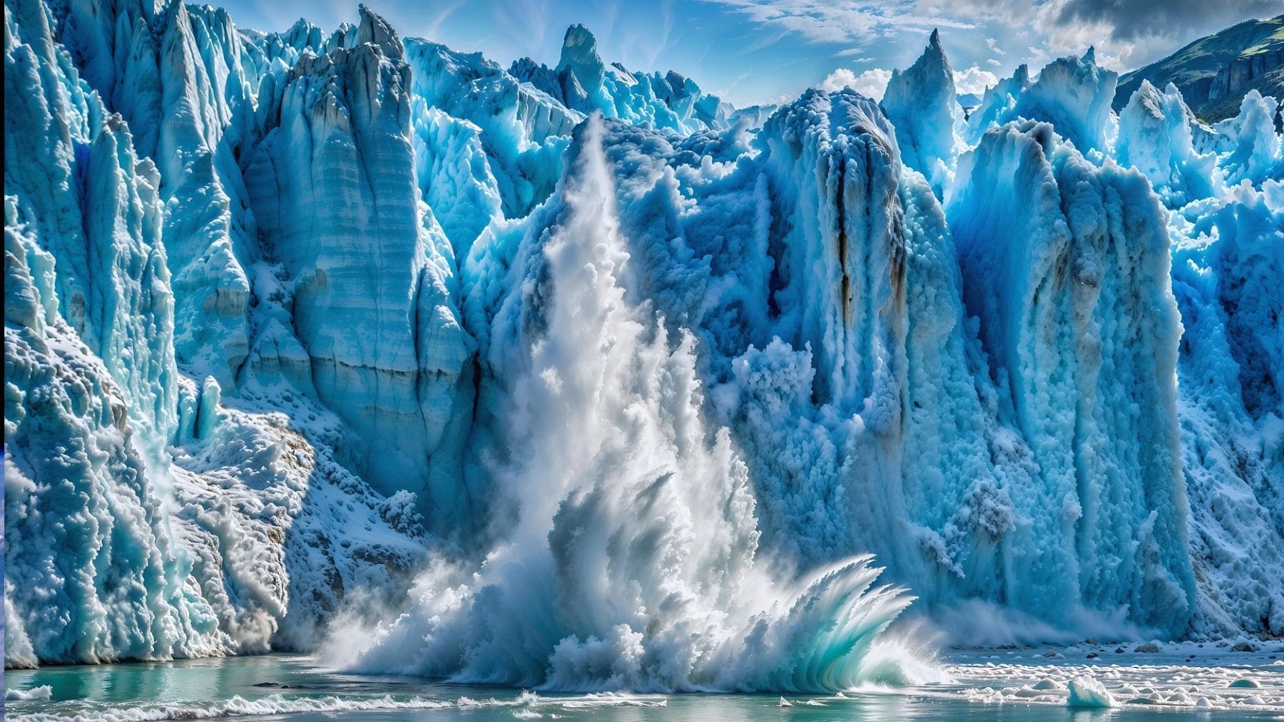 Paisaje de glaciares en Groenlandia con un gran desprendimiento de hielo cayendo al mar, representando el entorno de las expediciones paleontológicas.