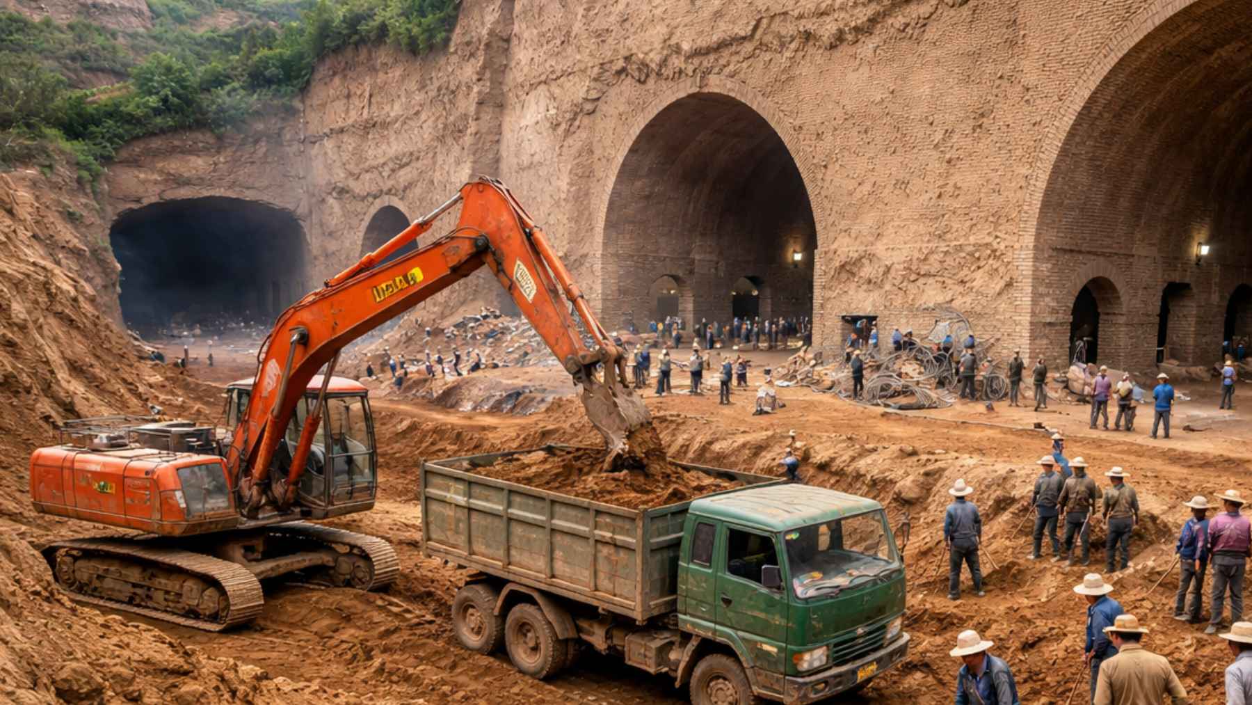 Excavadora cargando tierra en un camión mientras decenas de trabajadores excavan y refuerzan cuevas en una ladera de loess en China