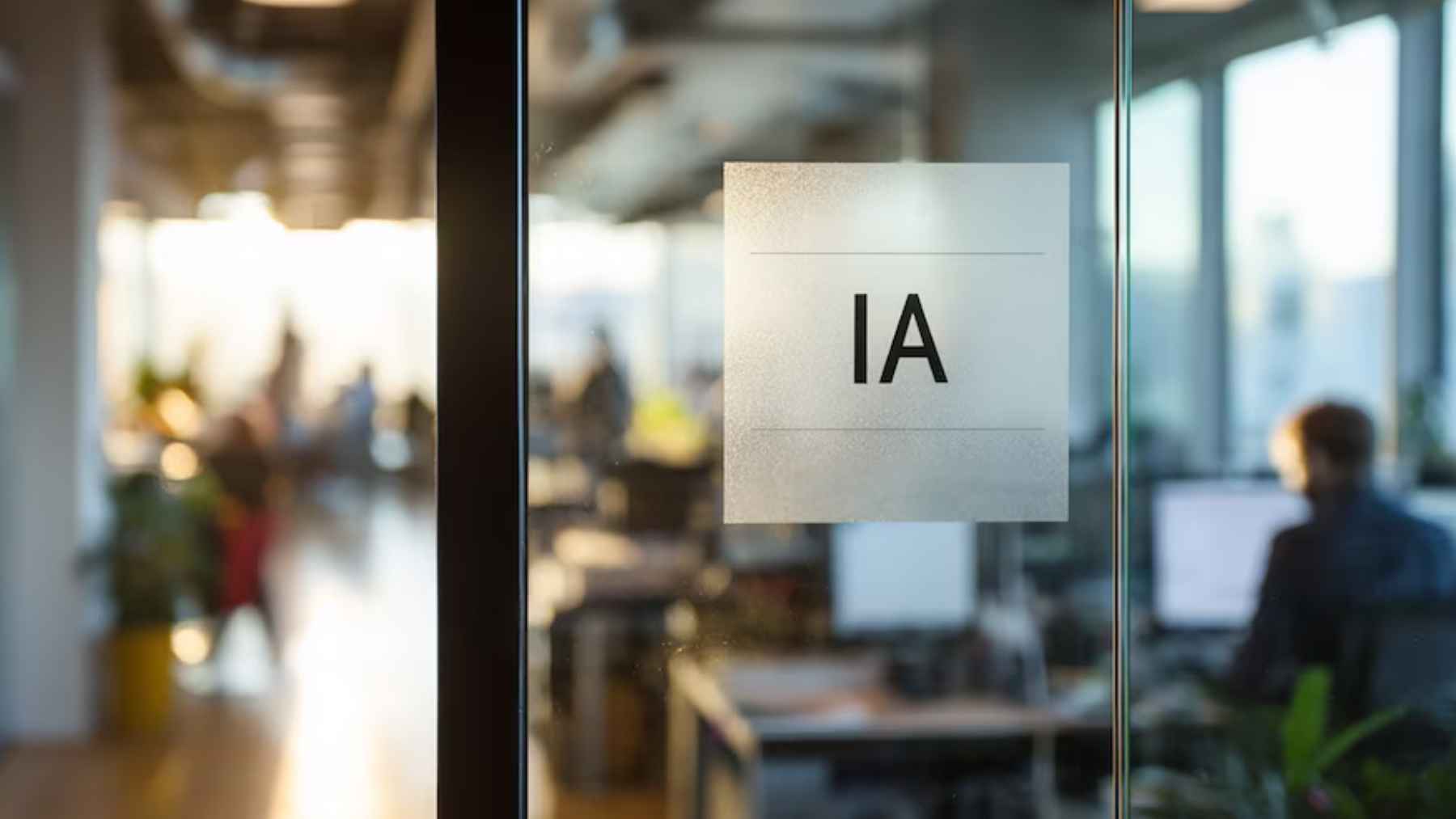 Cartel con las siglas IA en la puerta de una oficina, con trabajadores al fondo