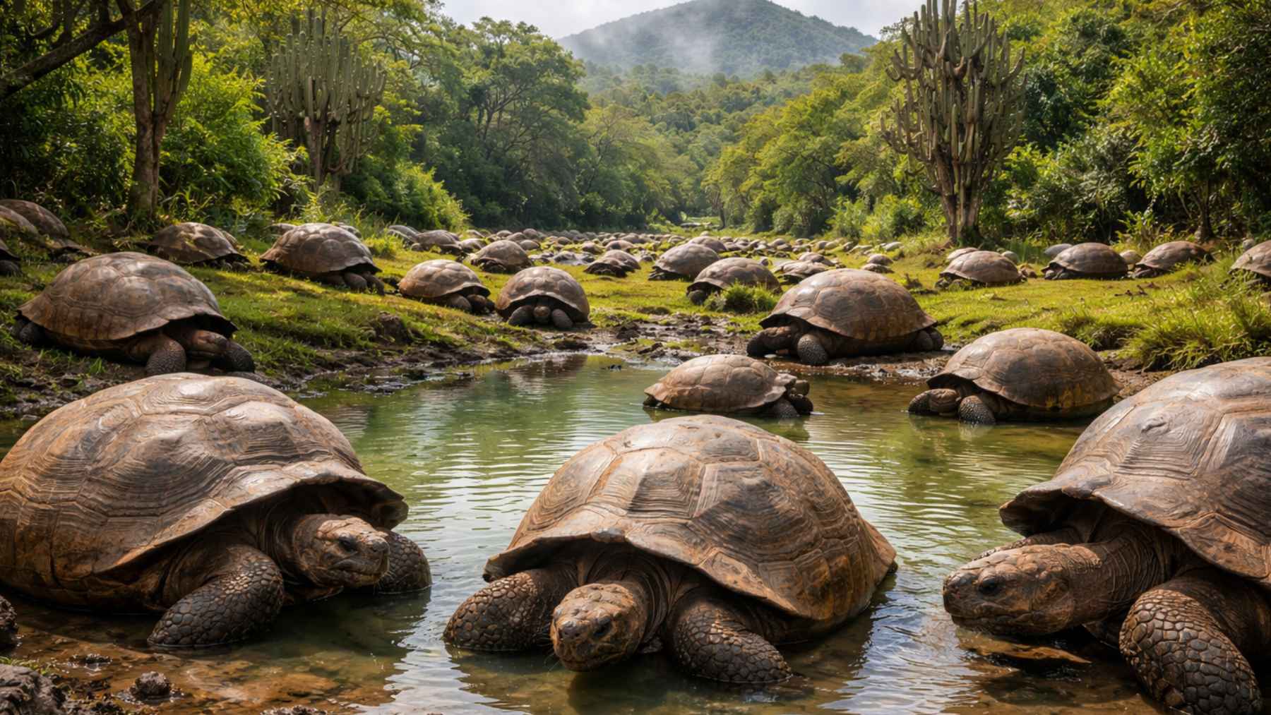 Tortugas gigantes de Galápagos caminando entre matorrales en una isla volcánica