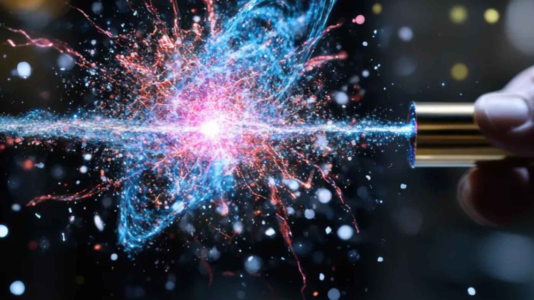 Haz láser con pinzas ópticas creando un efecto de entrelazamiento cuántico, ilustración de moléculas ultrafrías