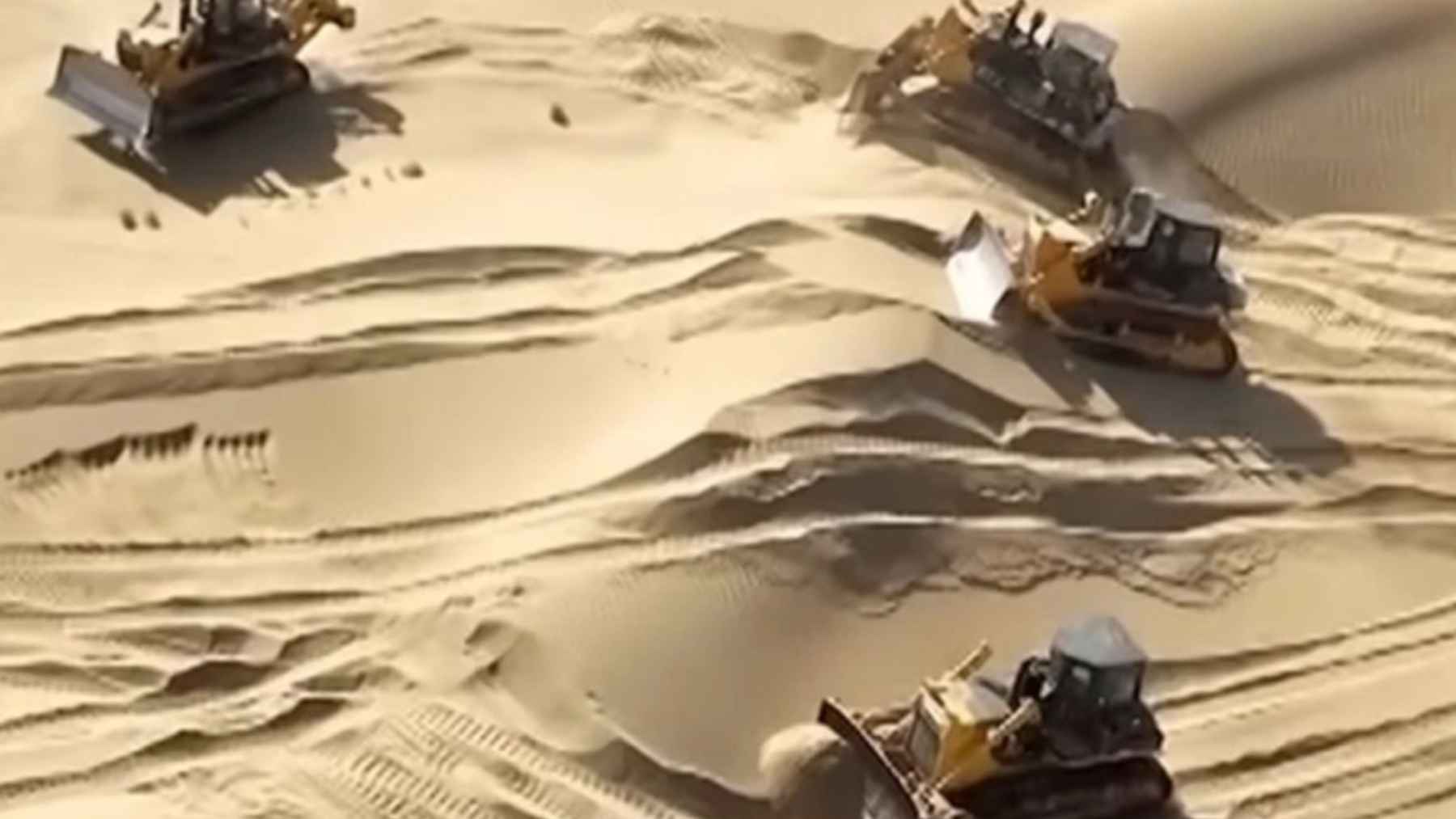 Bulldóceres estabilizan dunas en el desierto de Taklamakán dentro del plan chino para frenar la expansión de la arena
