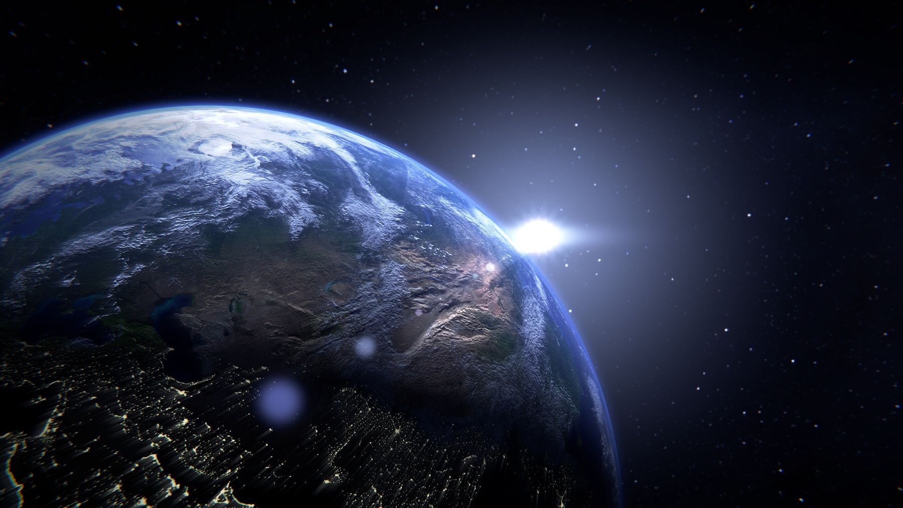 Representación del planeta Tierra desde el espacio mostrando la curvatura terrestre y el amanecer sobre la atmósfera.